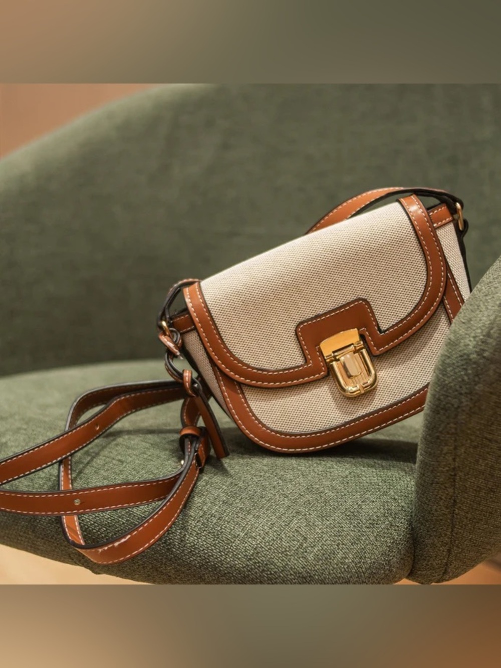 Cream Canvas Crossbody Bag with Brown Leather Trim and Gold Lock